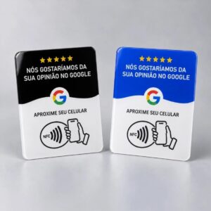 Placa de avaliação do Google com NFC em acrílico, fundo preto e fundo azul Placa de avaliação do Google com NFC em acrílico, fundo preto e fundo azul