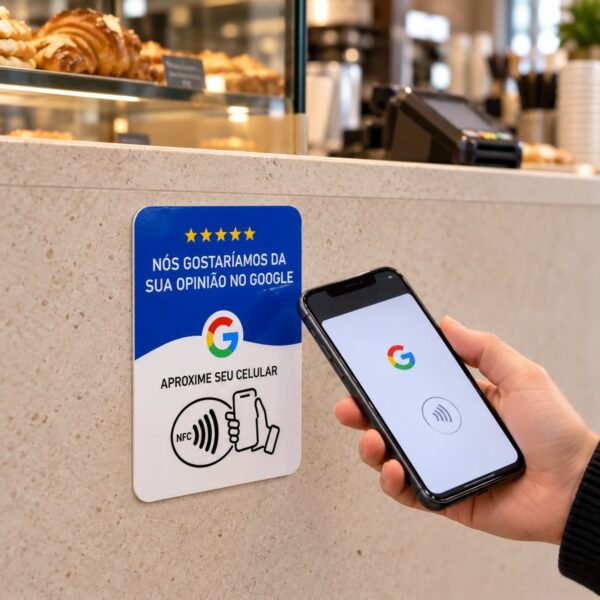 Placa de avaliação do Google com NFC de fundo azul no balcão e celular aproximando Placa de avaliação do Google com NFC de fundo azul no balcão e celular aproximando