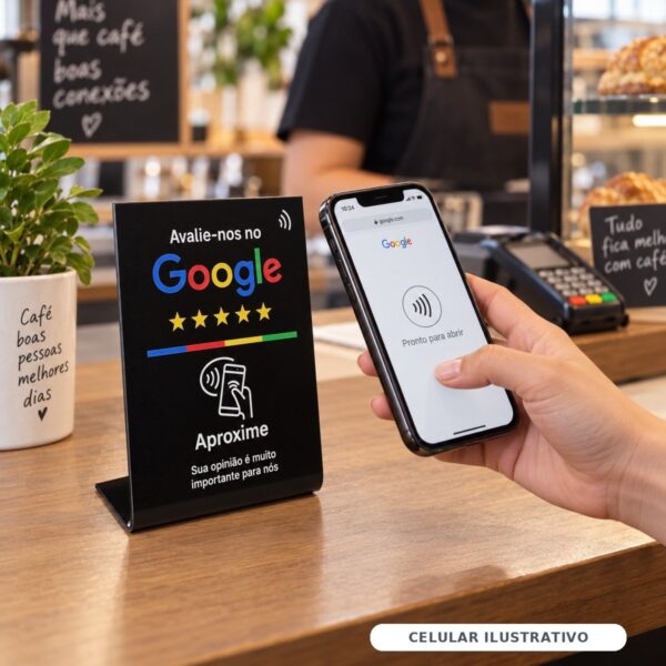 Placa de avaliação do Google com base em pé no balcão e celular aproximando