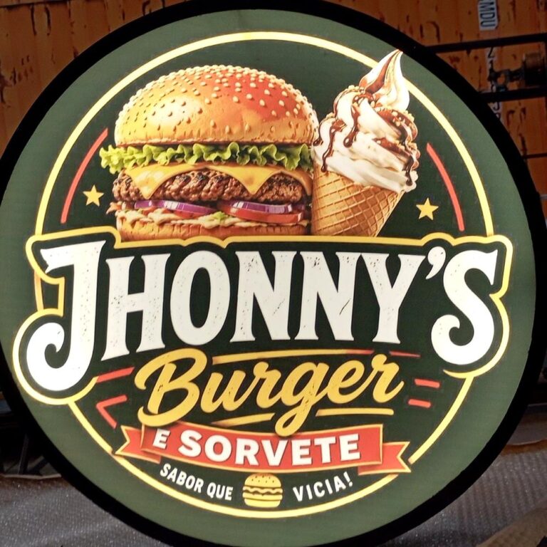 Luminoso redondo aceso da Jhonny's Burger e Sorvete, pronto na nossa fábrica